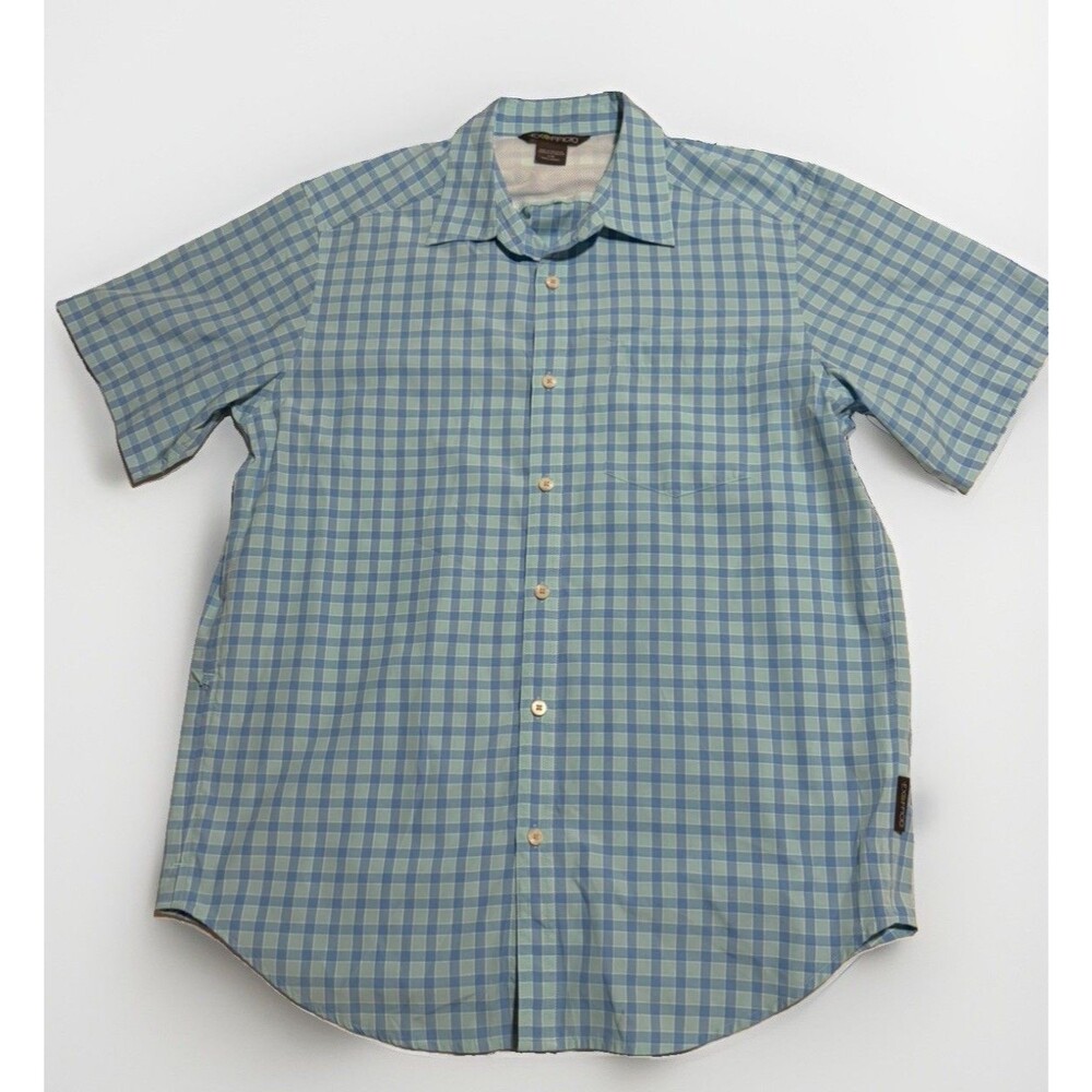 ExOfficio Shirt Mens Large Blue Salida Check Nylon Button Up Sun Fishing Hiking
